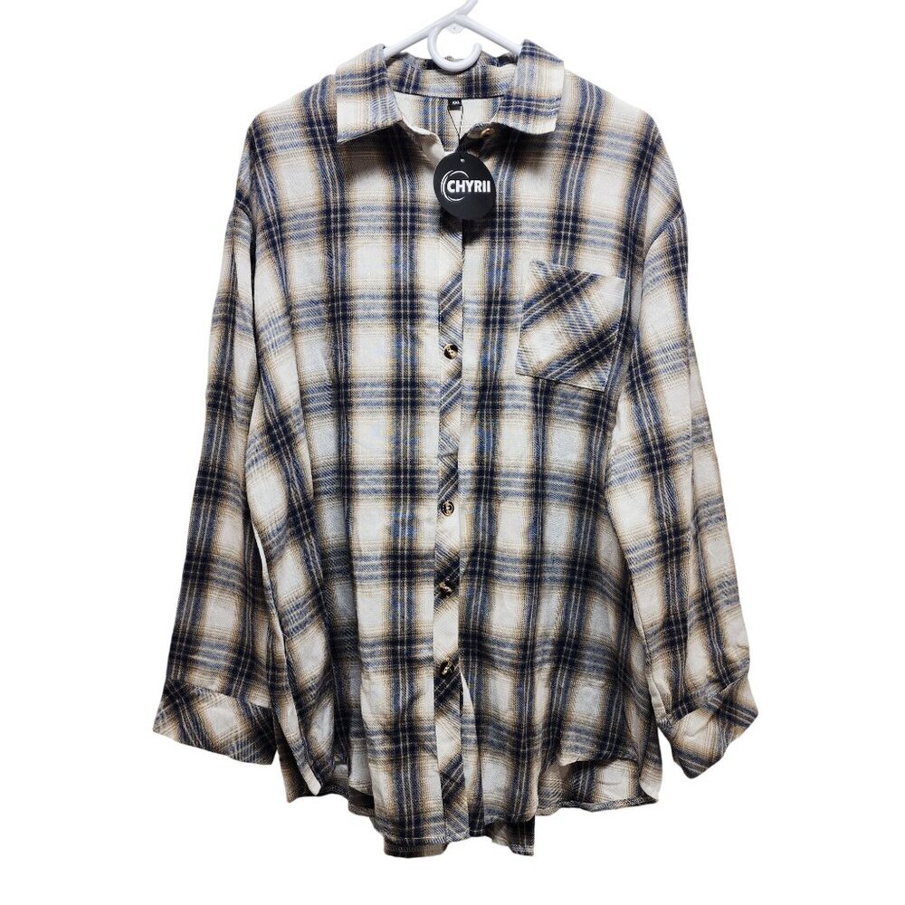 Chyrri Mens Plaid Shirt Size XXL Long Sleeve Blue Beige Button-Down